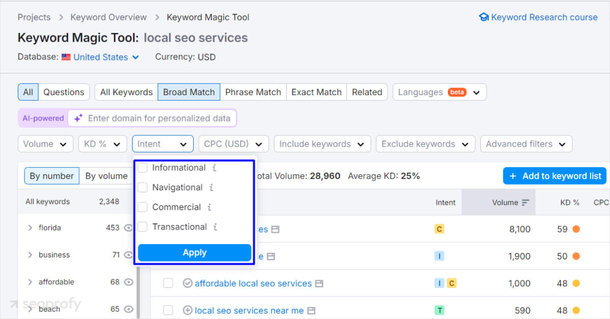 search intent in semrush keyword research