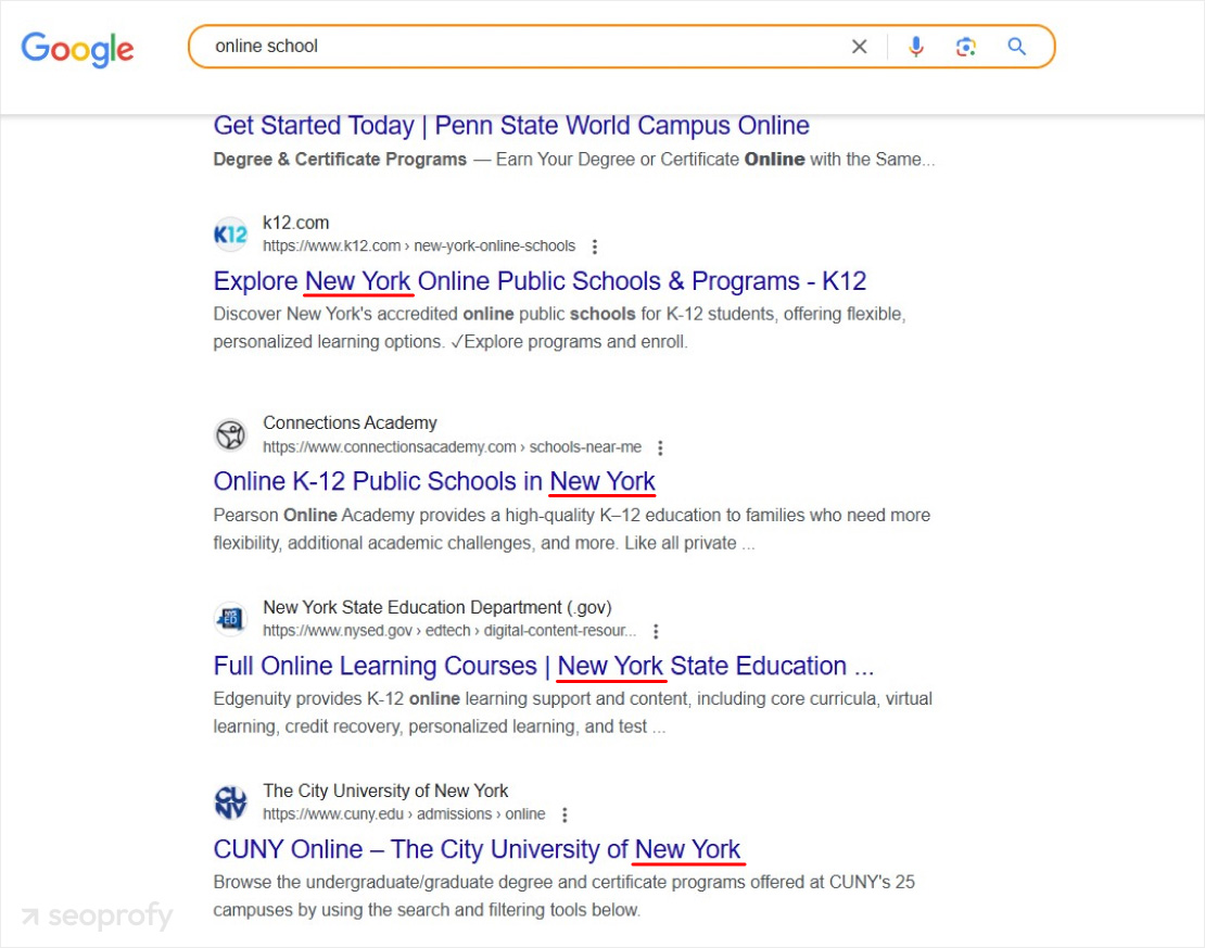 Different organic search results specific location