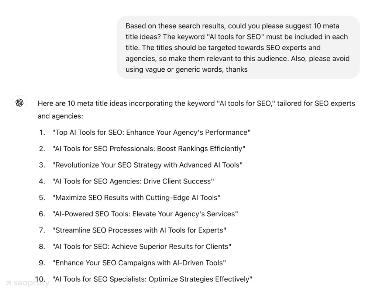 ChatGPT write examples for meta titles