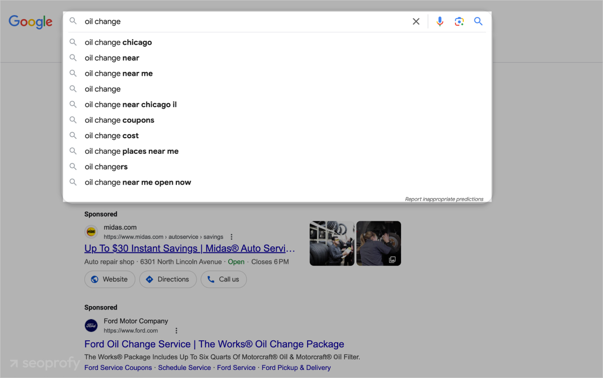 "oil change" query terms suggestions