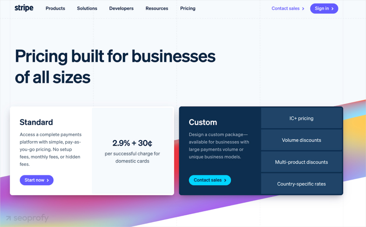 Pricing page on Stripe