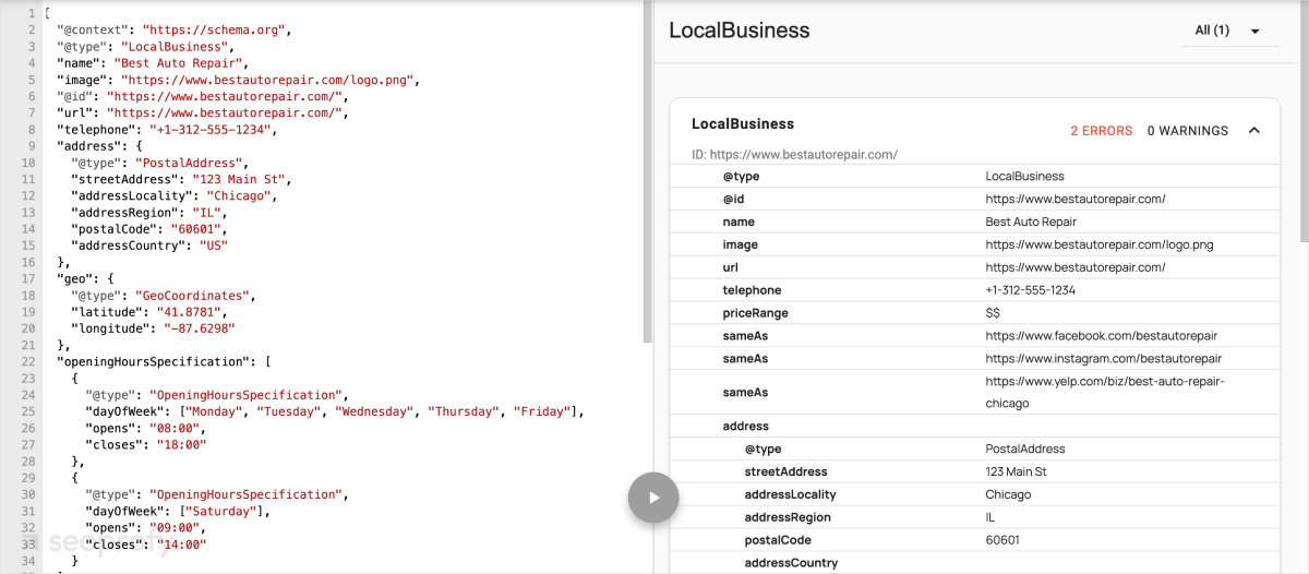 Screenshot of Schema.org validator results