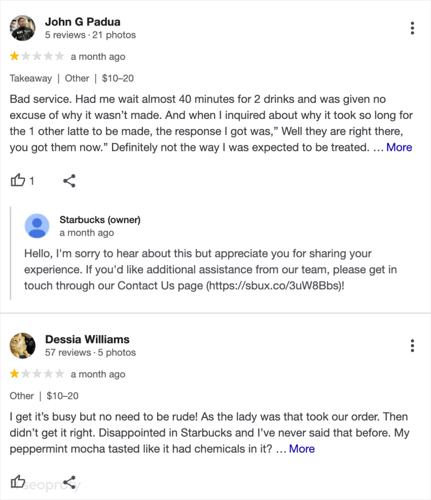 Screenshot of customer reviews with bad ratings