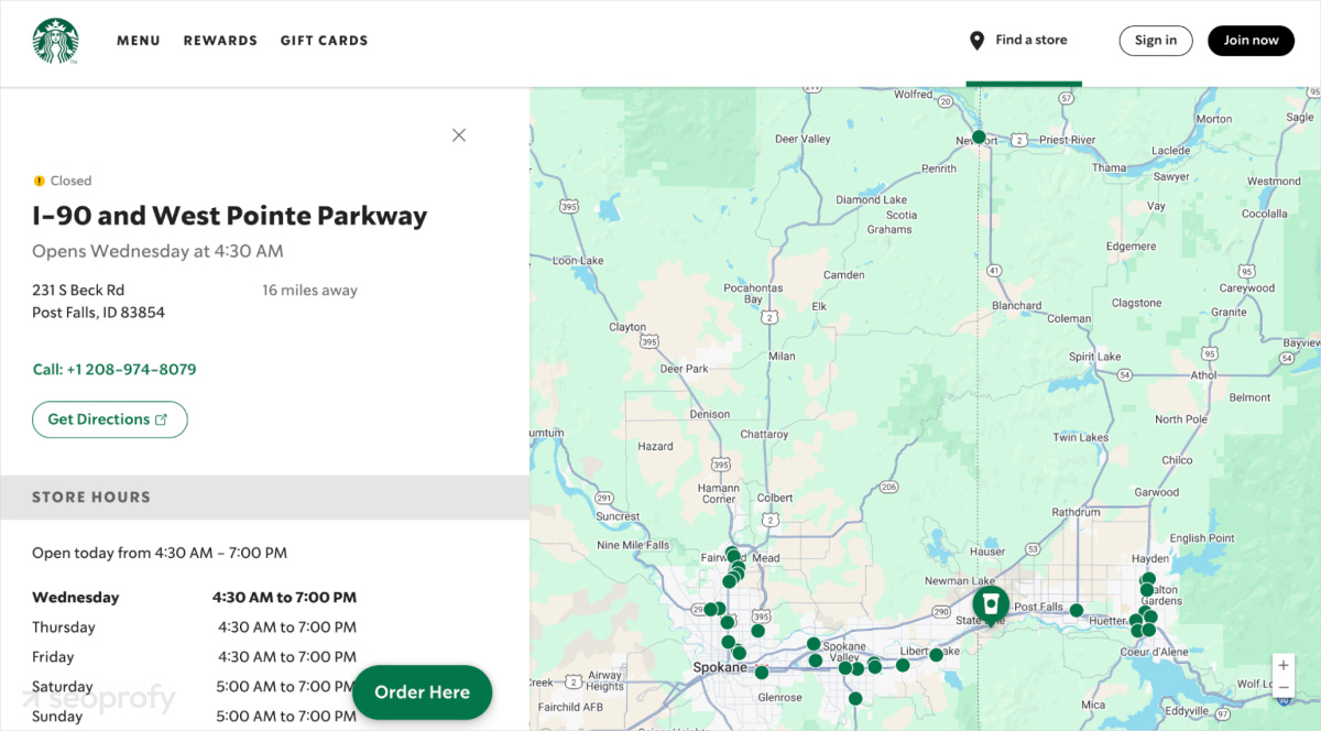 Screenshot of Starbucks location-specific page