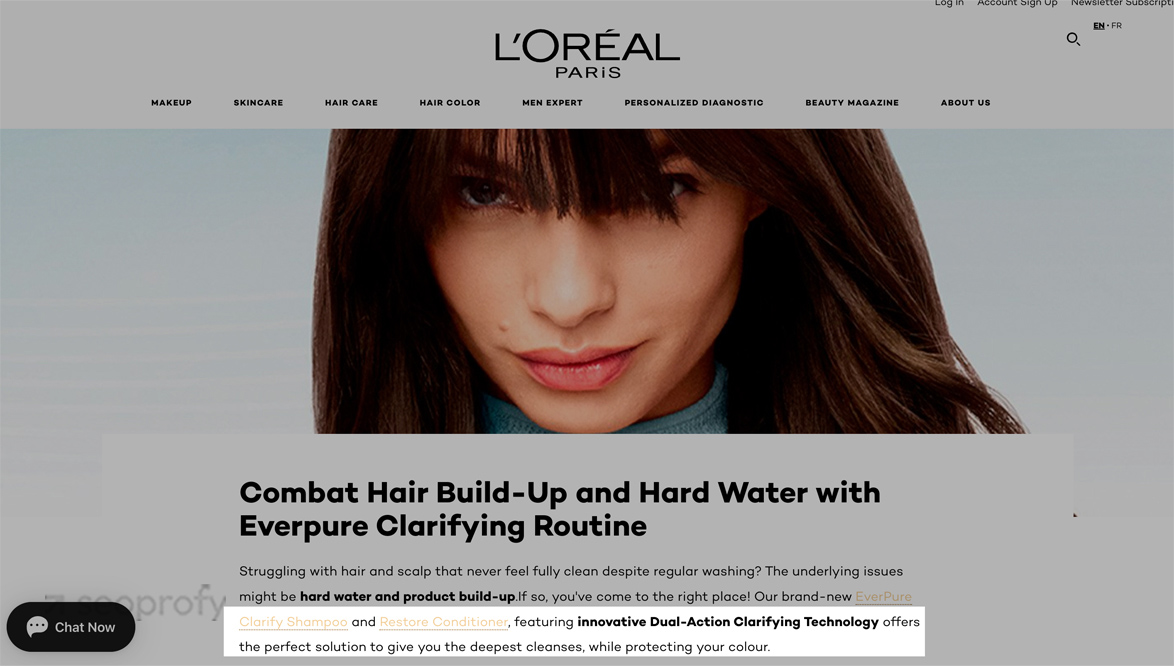 Link to Shampoo and Conditioner in an Article L’Oréal’s Website