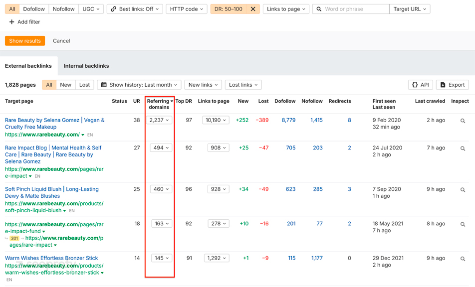 Referring domains for each URL at Ahrefs