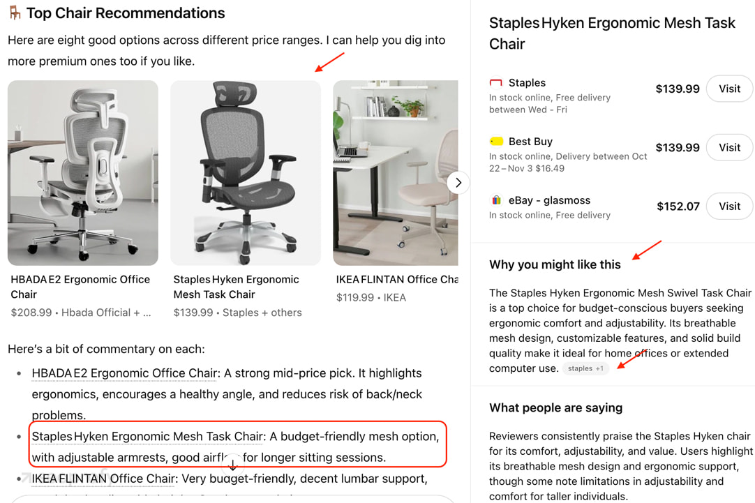 What ChatGPT showed for the query: "What are the best spine-friendly office chairs?"