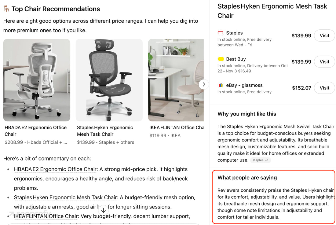 ChatGPT’s search results, where each product card often includes short quotes summarizing