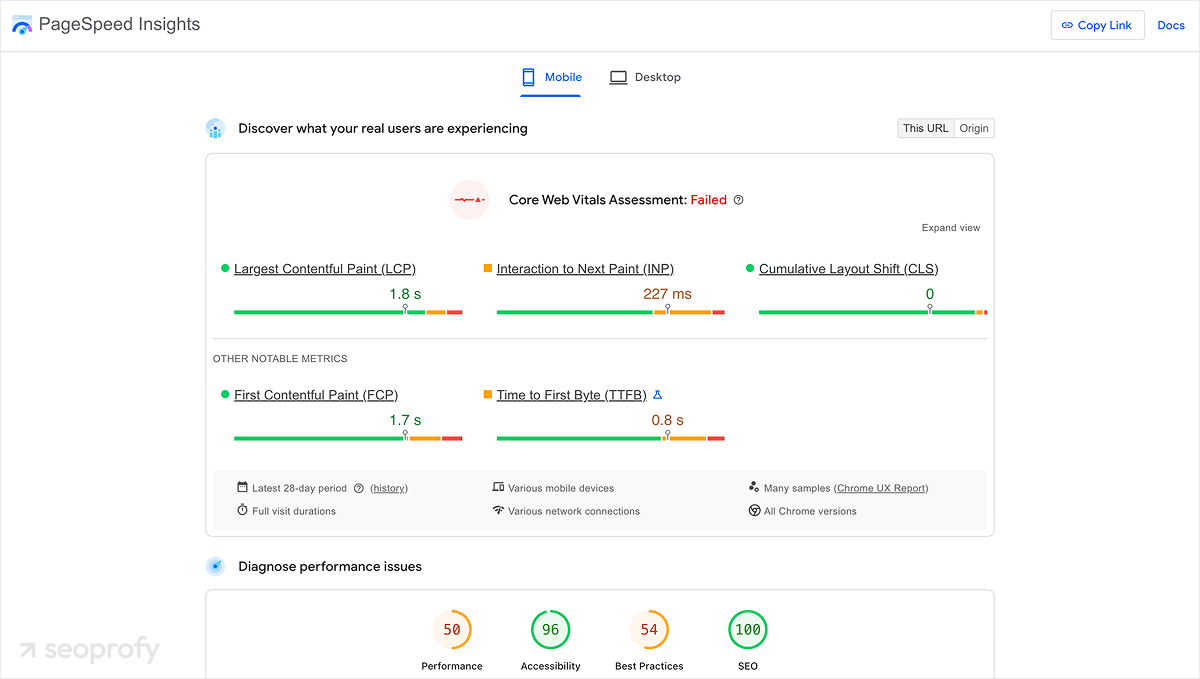 Test Performance in PageSpeed Insights