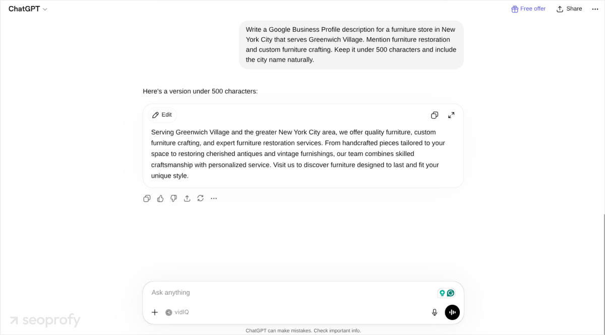 Prompt for a Google Business Profile Description