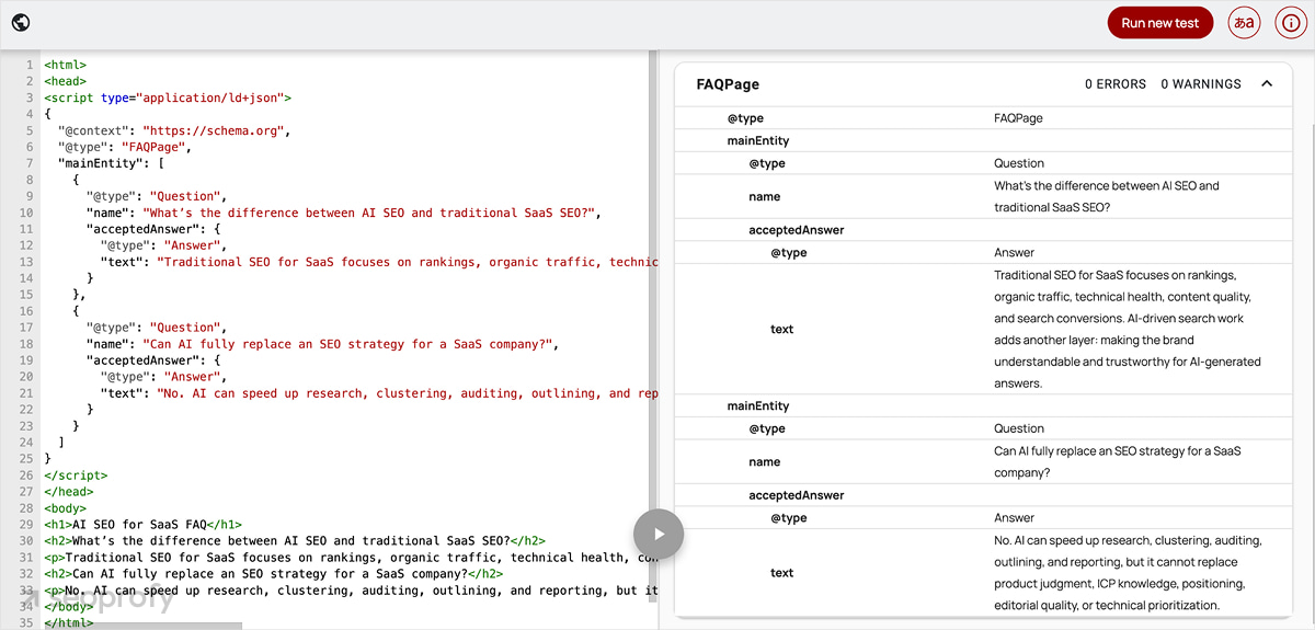 Schema.org Validator confirming FAQPage structured data with no errors or warnings