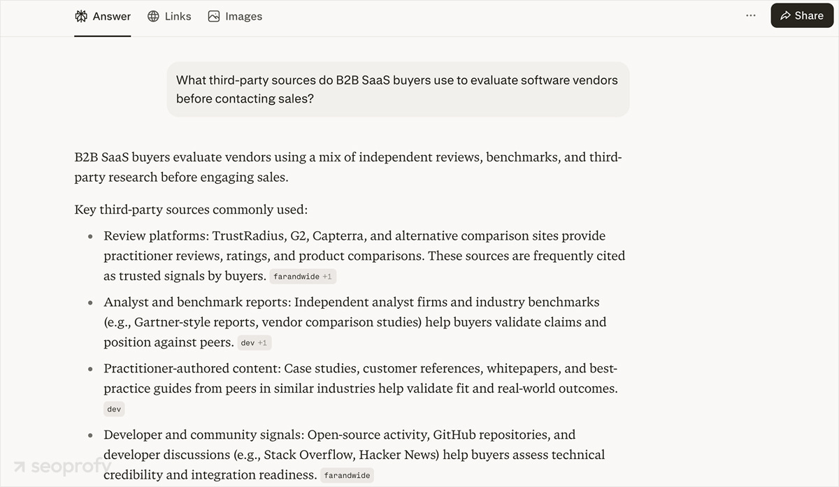 Example of an AI answer citing third-party sources during SaaS vendor research