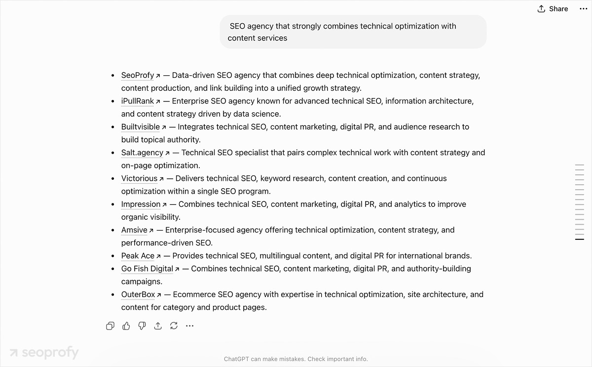 Ask ChatGPT to name an SEO partner that strongly combines technical optimization with content services
